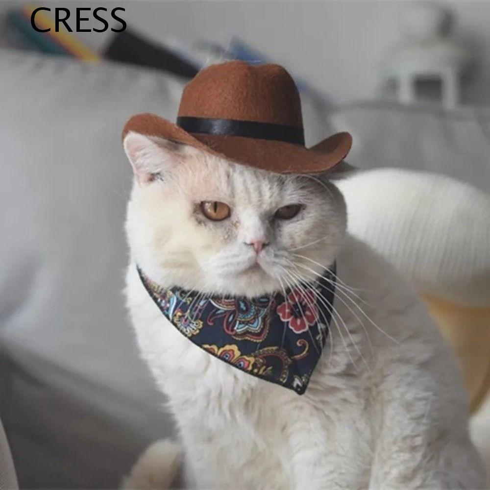 CRESS Pet Western Cowboy Hat Set, Cute Breathable Pet Cowboy Hat, Headwear ปรับสบายแมวผ้าพันคอสามเหล