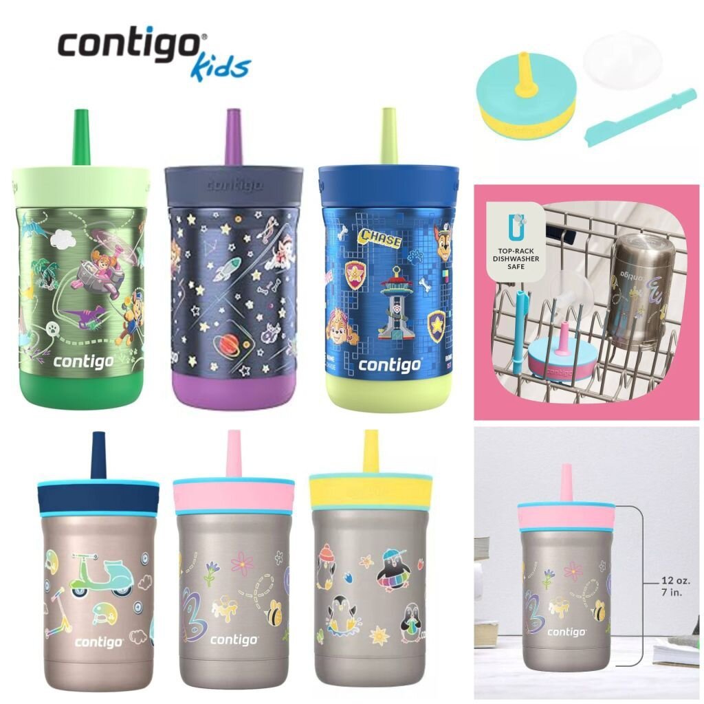 Contigo Leighton Vaccum-Insulated Kids Water Bottle with Spill-Proof Lid and Straw, 12oz. แก้วน้ำดื่มสแตนเลสแบบเก็บคว...