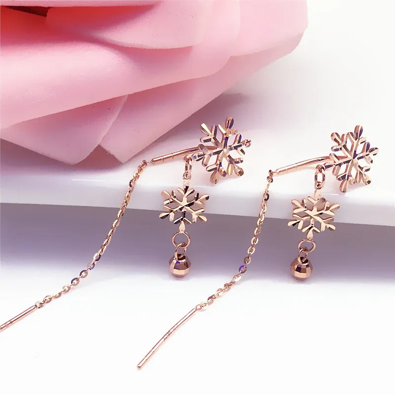 585 purple gold plated 14K rose gold long snowflake tassel drop earrings for women elegant and exqui