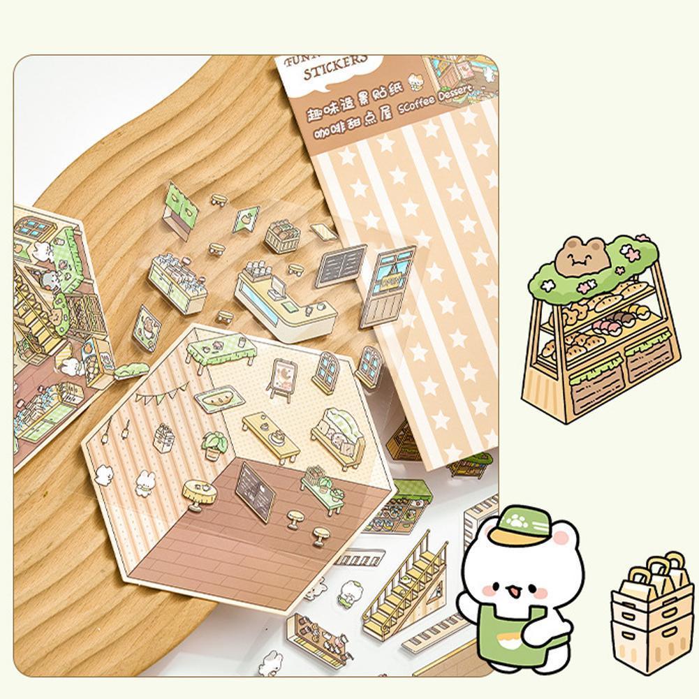 Snack Bar 3d Miniature ฉากสติกเกอร์ Diy น่ารักการ์ตูน Journal Building Memories ภูมิทัศน์ H4g6