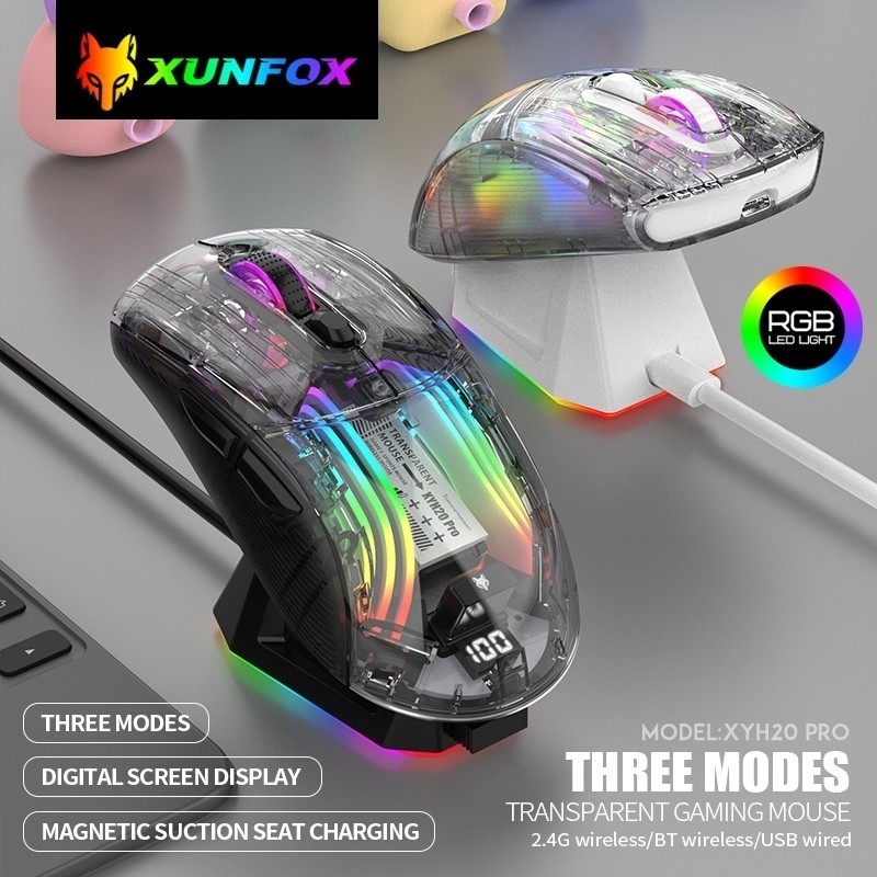 XUNFOX XYH10/XYH20 Transparent Gaming Mouse RGB 7Key DPI 2400 Bluetooth /2.4Ghz / USB Wired Office M