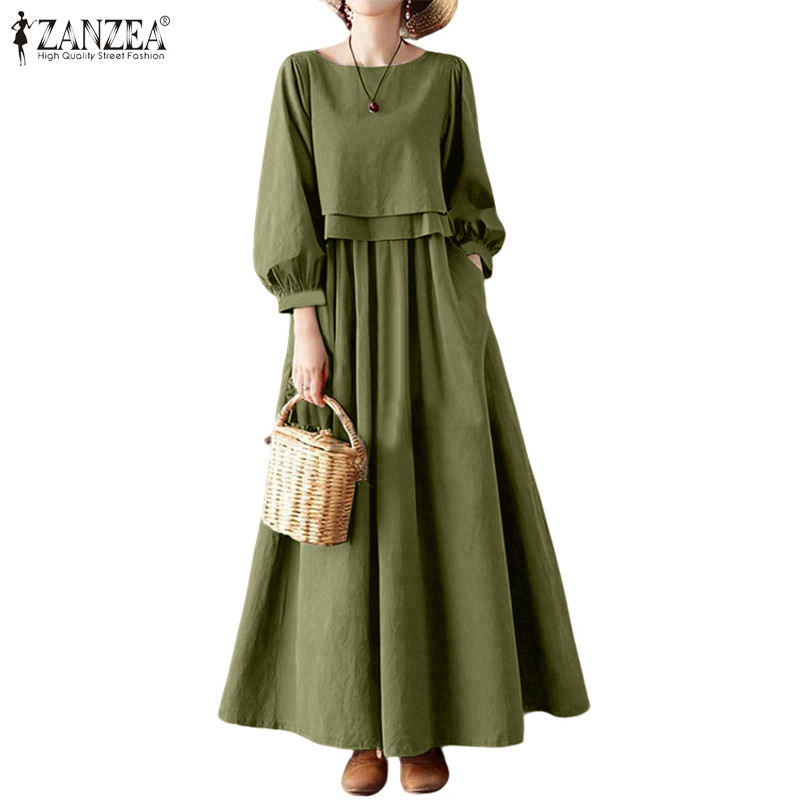 ZANZEA ชุดเดรสผู้หญิง สไตล์เกาหลี ฤดูใบไม้ร่วง คอว่าว แขนปกติ แบบ A-line