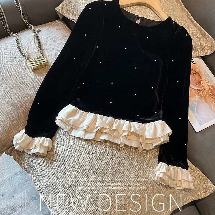 เสื้อแขนยาวบางเบา สไตล์ฝรั่งเศสสำหรับฤดูใบไม้ร่วง จากกำมะหยี่สีดำนุ่มเนียน
