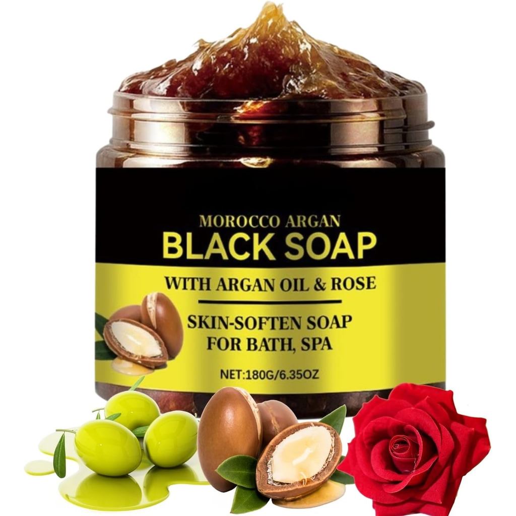 Moroccan Black Soap Bar - African Black Soap with Argan Oil, Deep Cleaning for Whole Body, Natural E