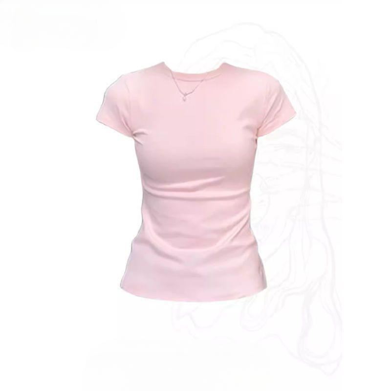 เสื้อยืดแขนสั้น คอกลม สีชมพู สำหรับผู้หญิง ใส่หน้าร้อน สไตล์ชิค ทรงสลิมฟิต อเนกประสงค์ เสื้อท่อนล่าง