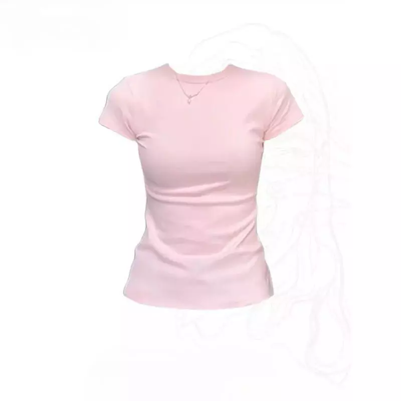 เสื้อยืดแขนสั้น คอกลม สีชมพู สำหรับผู้หญิง ใส่หน้าร้อน สไตล์ชิค ทรงสลิมฟิต อเนกประสงค์ เสื้อท่อนล่าง