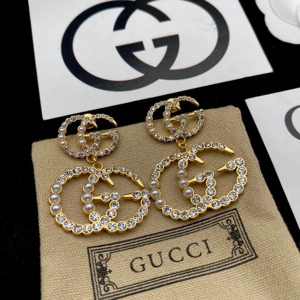 Gujia GUCCI GUCCI Pearl Interlocking Double G ต่างหูแถบบางต่างหูสุภาพสตรี Bronze แฟนของขวัญ