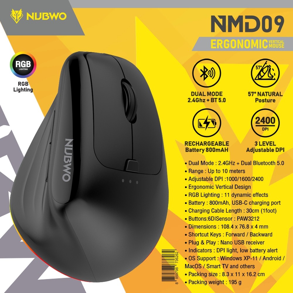 ส่งด่วน เมาส์ไร้สาย NUBWO NMD09 Ergonomic Mouse Wireless / Bluetooth NMD-09 รูปที่ 2
