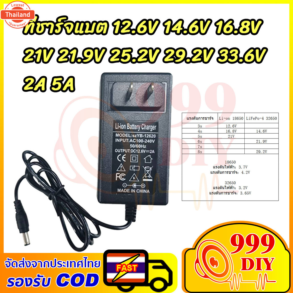 999DIY อแดปเตอร์ชาร์จแตลิเที่ยม DC 12.6V 14.6V 16.8V 21V 21.9V 29.2V 2A แล้วตัด มีไฟสถานะ ชาร์จ Li-i