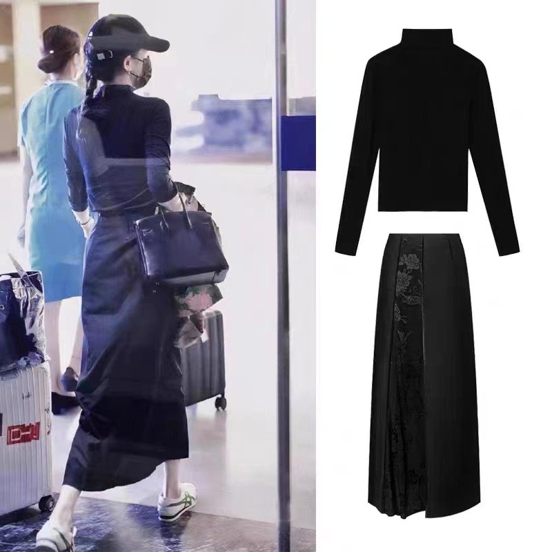 黑色高领拼长袖衬衫女新中式国风接提花长毛身裙Yang Mi สีดําคอปกสูงแขนยาวฐานเสื้อผู้หญิงสไตล์ใหม่ Q96620251030