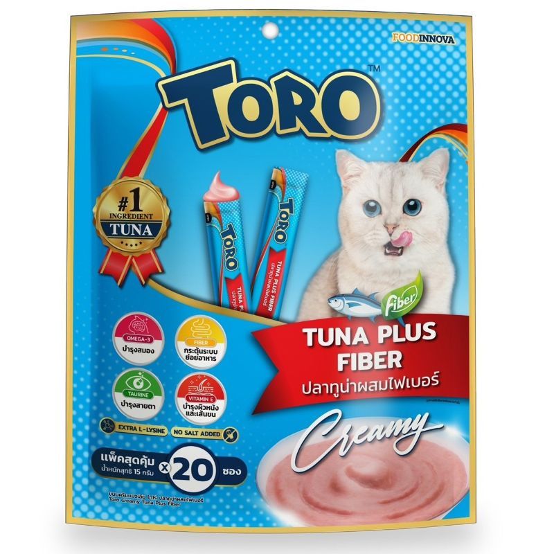 โทโร่ครีมมี่ขนมแมวเลียปลาทูน่าผสมไฟเบอร์ 15ก แพค 20 Toro Creamy Tuna Plus Fiber 15g Pack 20 [8859160403495 ]