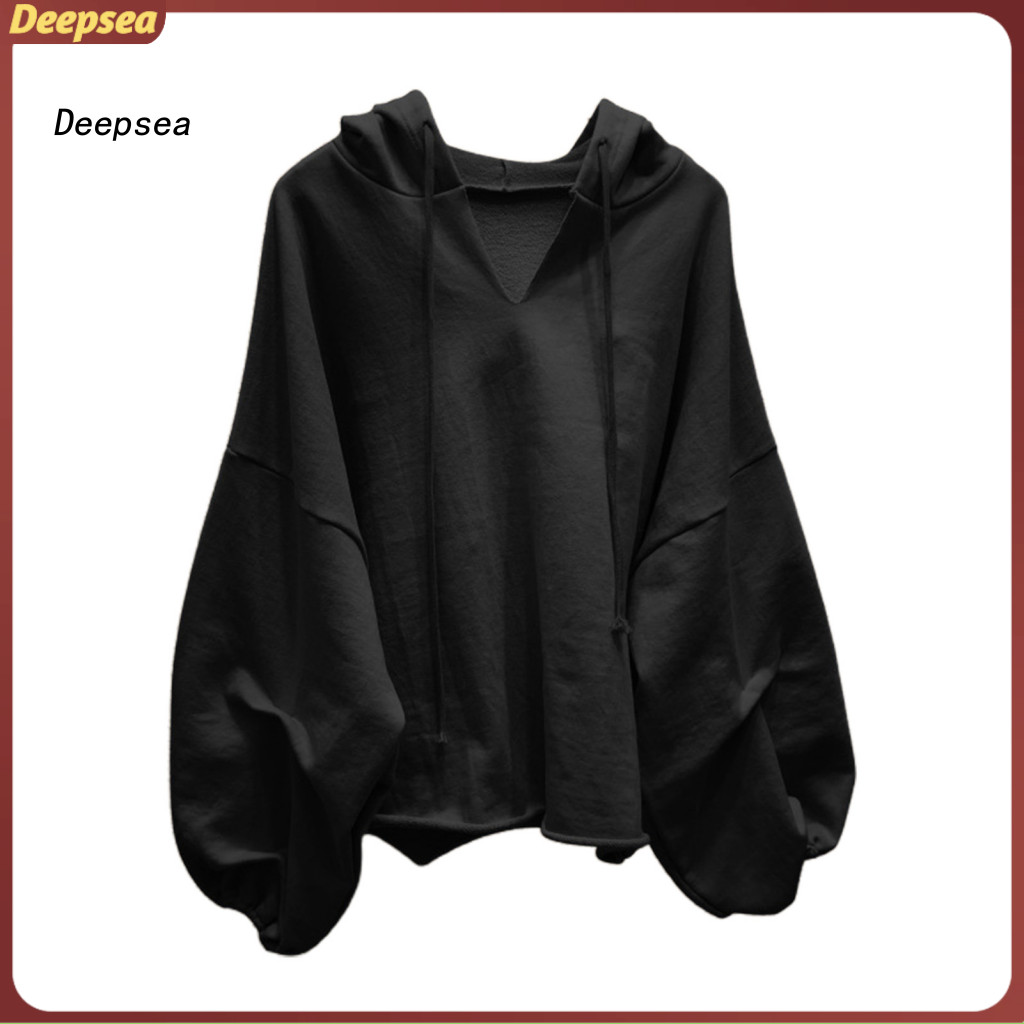 DPA สีทึบ Drawstring Pullover Hoodie ฤดูใบไม้ร่วง Batwing แขน V คอผู้หญิงเสื้อกันหนาว Streetwear