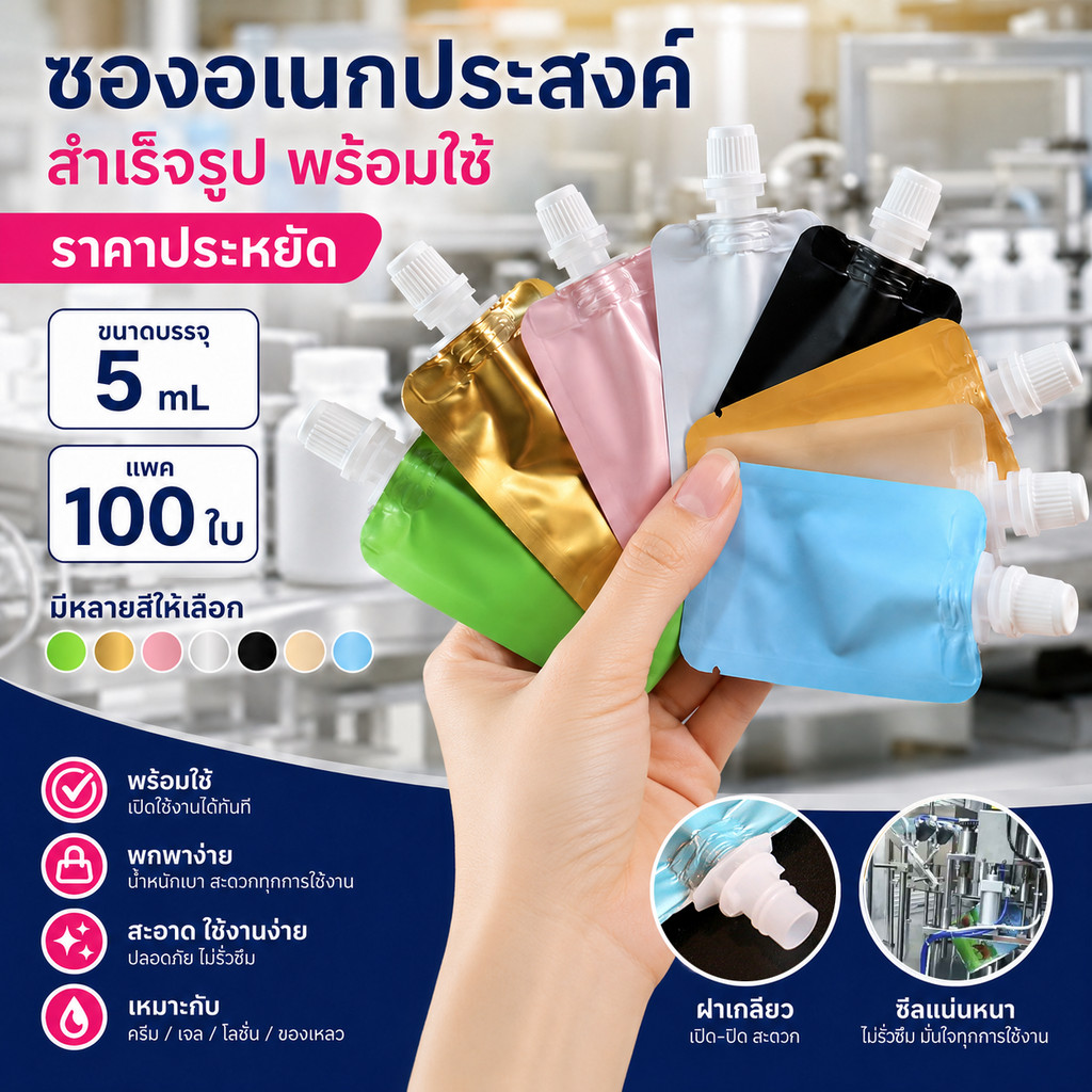 ซองแบ่งครีม ซอง Tester (100ใบ) แบบฝาเกลียว ถุงแบ่งบรรจุ ขนาด 5mL มีหลายสี