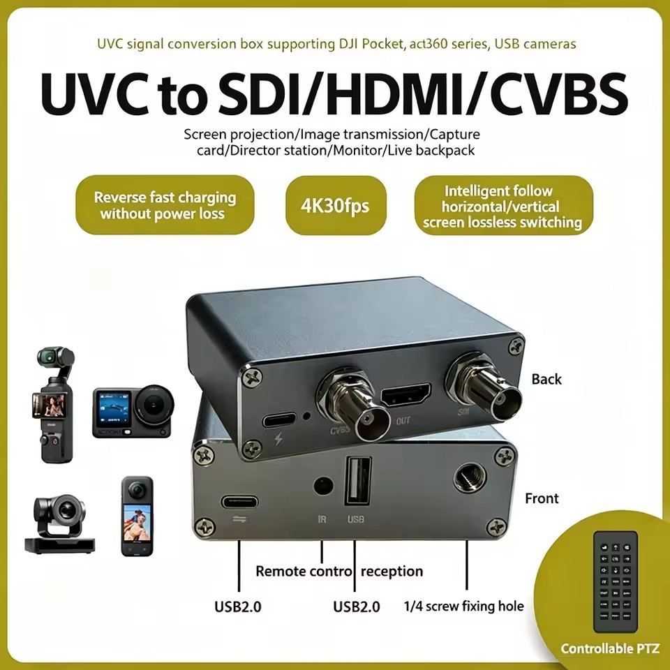 UVC เป็น HDMI SDI CVBS Converter สําหรับ Pocket3/4 Action5/6 Insta360 กล้อง USB ไปยัง TV Monitor สตร