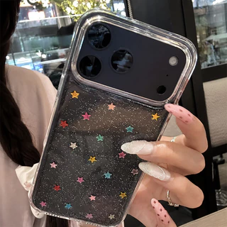 น่ารักครีมหมี17 สำหรับ IPhone XR 17 16 Air 15 12 13 11 14 Pro Max X XS 7 8 Plus เคสใส แป้งกลิตเตอร์ดาวหลากสีสุดอินเทรนด์