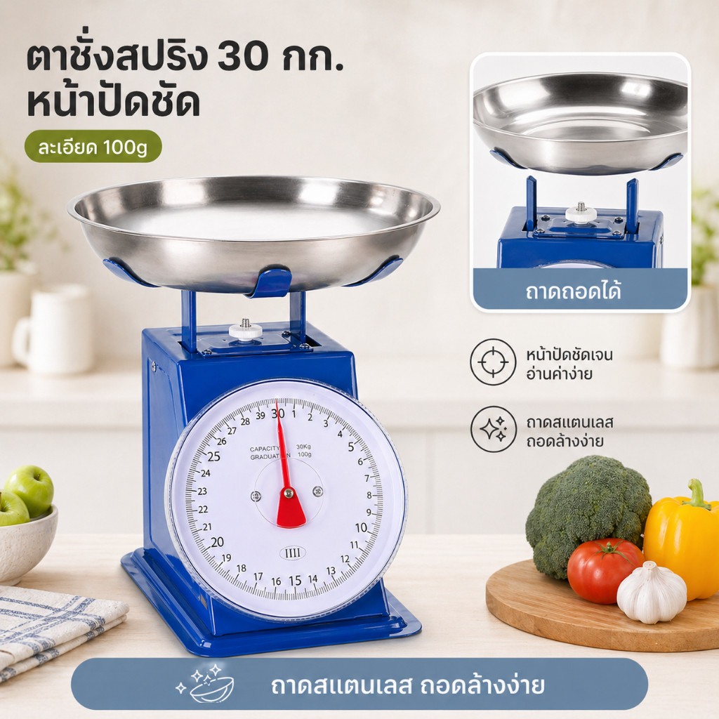เครื่องชั่งสปริง ตาชั่งอาหาร ถาดสแตนเลสถอดได้ ไม่ใช้ถ่าน ชั่งของในครัว 5kg 10kg 30kg