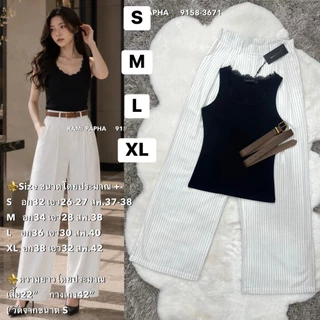 พร้อมส่ง S-XL⚡️RM 9158 ชุดเซ็ตผู้หญิง เสื้อยืดสีดำแต่งลูกไม้+กางเกงขายาวสีขาวลายริ้ว #สไตล์สาวเวียด2026