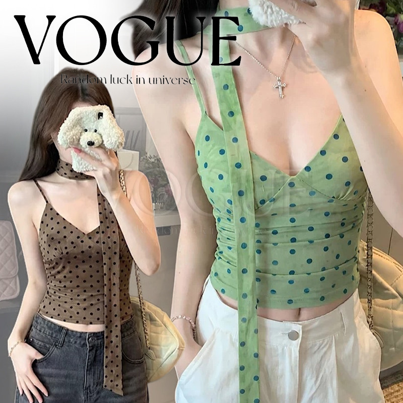 Vogue🌟พร้อมส่ง🌟 เสื้อครอปสายเดี่ยวลายจุด กระชับรูปทรงสไตล์เซ็กซี่สุดฮิต เสริมฟองน้ำมีผ้าพันคอในตัว (FY3021)