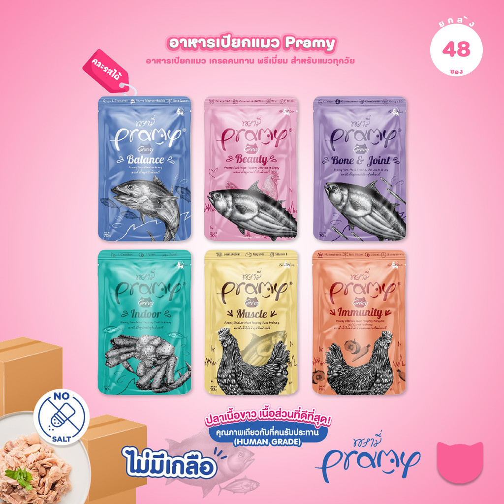 [ยกลัง 48 ซอง] Pramy Functional Gravy อาหารเปียกแมว 70g สูตรเกรวี่ พรามี่ หลายสูตร สำหรับแมวทุกวัย