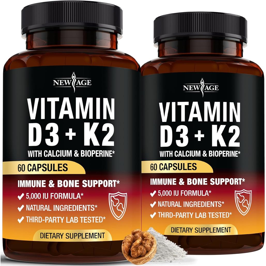 New Era Vitamin D3 5,000 IU+K2 MK-7 100 Micrograms-2 in 1 Bone, Immune and Heart Support, Swallow, N