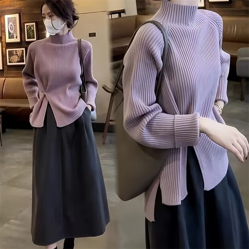 เกาหลีสีม่วงเสื้อกันหนาวครึ่งคอเต่า Slit เสื้อกันหนาวผู้หญิงฤดูใบไม้ร่วงฤดูหนาวถักเสื้อกัน QR6T BYOD