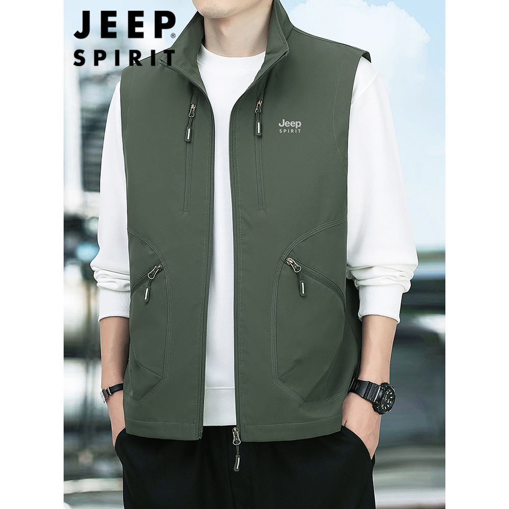 JEEP SPIRIT เสื้อกั๊กผู้ชายหลายกระเป๋ากีฬาลําลองคอตั้งเสื้อกั๊กเสื้อแจ็คเก็ต