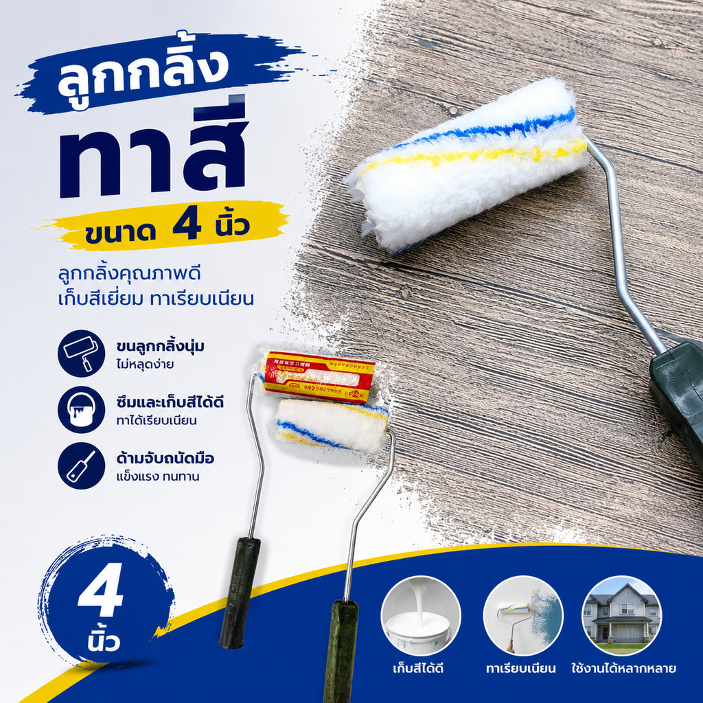 ลูกกลิ้งทาสี ขนาด 4 นิ้ว พร้อมด้ามจับคละสี แปรงลูกกลิ้งสำหรับทาสี และอุปกรณ์ทาสีและเคลือบผิว #AG-0023