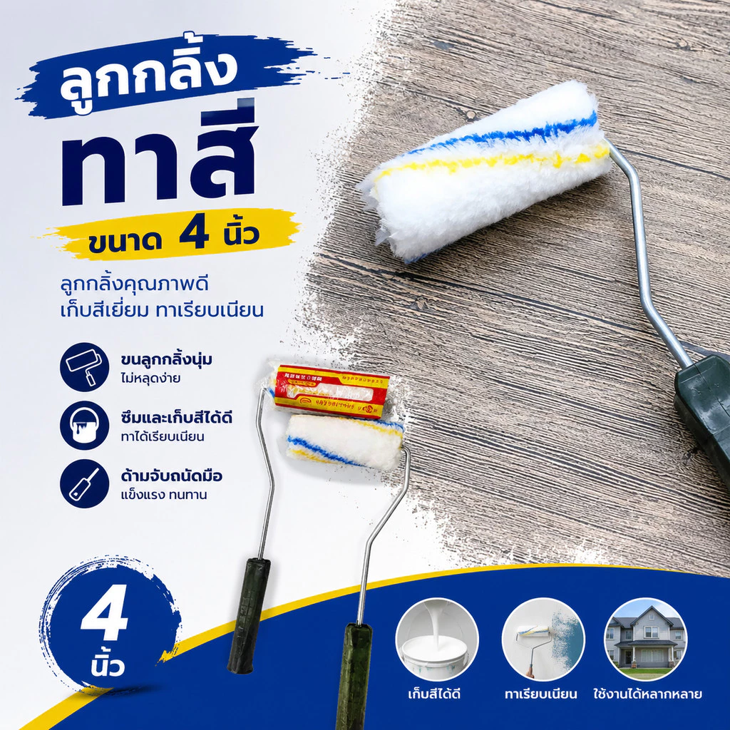 ลูกกลิ้งทาสี ขนาด 4 นิ้ว พร้อมด้ามจับคละสี แปรงลูกกลิ้งสำหรับทาสี และอุปกรณ์ทาสีและเคลือบผิว #AG-0023