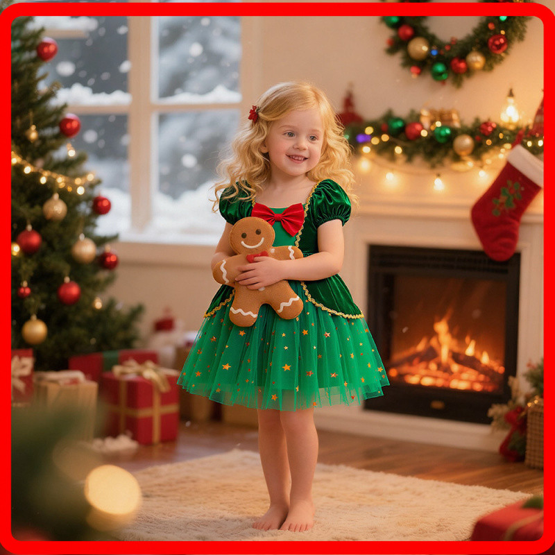 Chrstms Grls Dress Princess Gown Wth พัฟแขน Nd Bow, ChldrenS Gown, Str Chld Dress