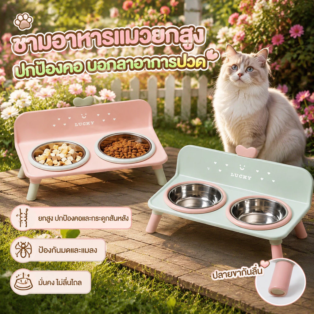ชามแมวชั้นวางชามคู่ ชามสัตว์เลี้ยงป้องกันแมลงและมด ชามแมวสแตนเลสความจุขนาดใหญ่ ป้องกันการล้ม