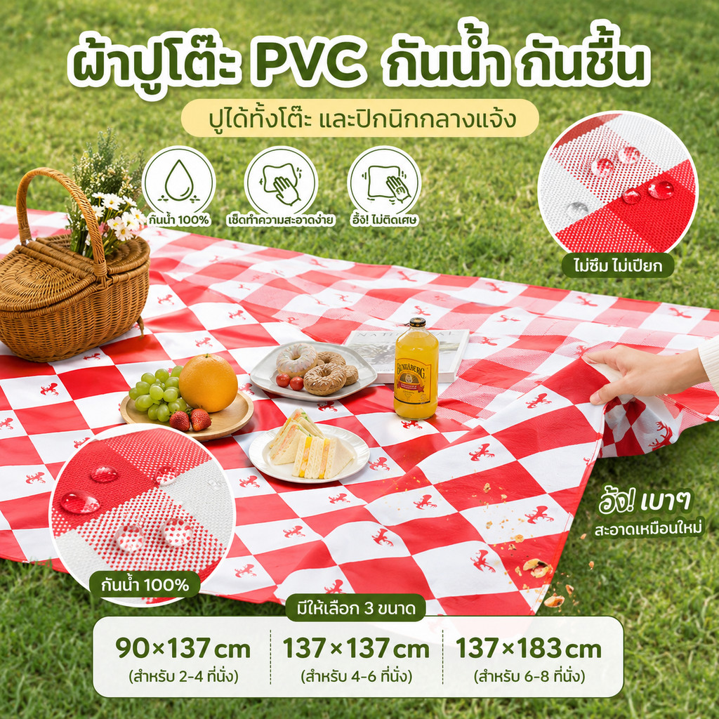 ผ้าปูโต๊ะ PVC กันน้ำ กันชื้น ใช้ปูโต๊ะและปิกนิก ลายสก็อตแดงขาว เช็ดง่าย ไม่เปียก มี 3 ขนาด