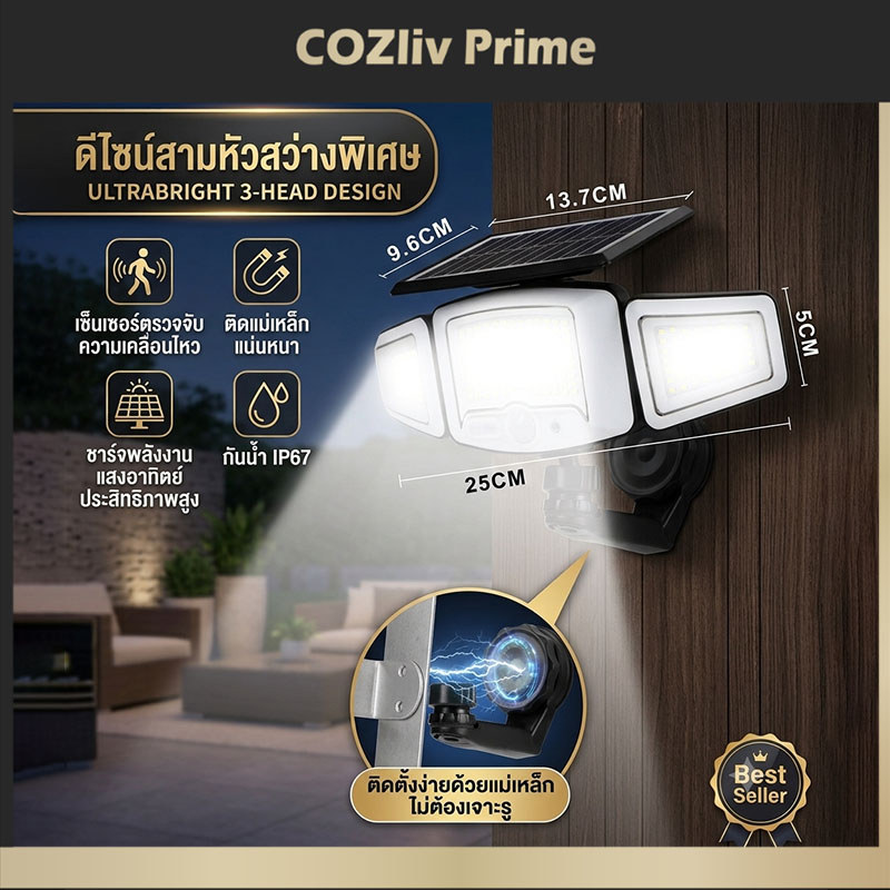 ไฟติดผนังโซล่าเซลล์ 3 หัว กำลังสูง10000W ส่องไกลถึง200เมตร ฐานแม่เหล็กไม่ทำร้ายผนัง กันน้ำIP69 ตกแต่งสวน ทางเดิน