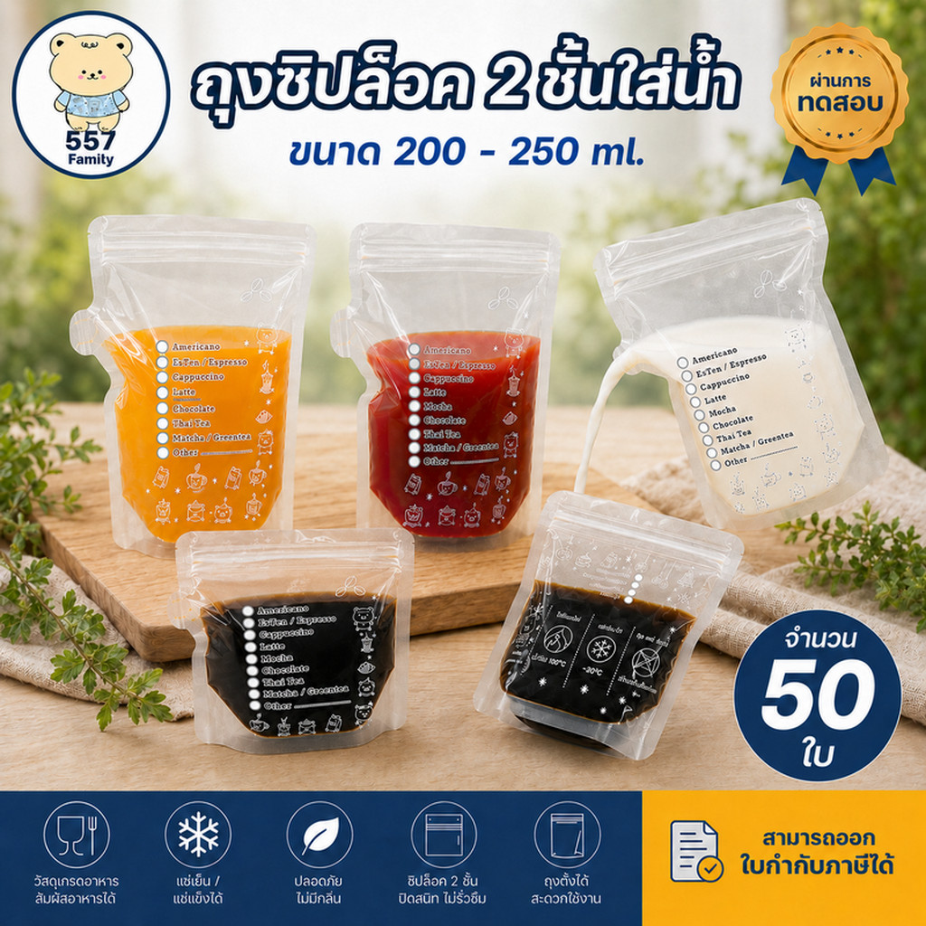 ถุงใส่น้ำ ถุงแยกน้ำ แบบซิปล็อค 200-250 ml. แพ็ก 50 ใบ ใส่กาแฟ