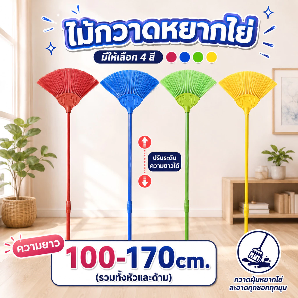 ไม้กวาดหยากไย่ขนาด 2 เมตร ยืดปรับระดับได้ 100-170 ซม. แข็งแรงยืดหยุ่น ไม้กวาด ทนทาน แข็งแรง