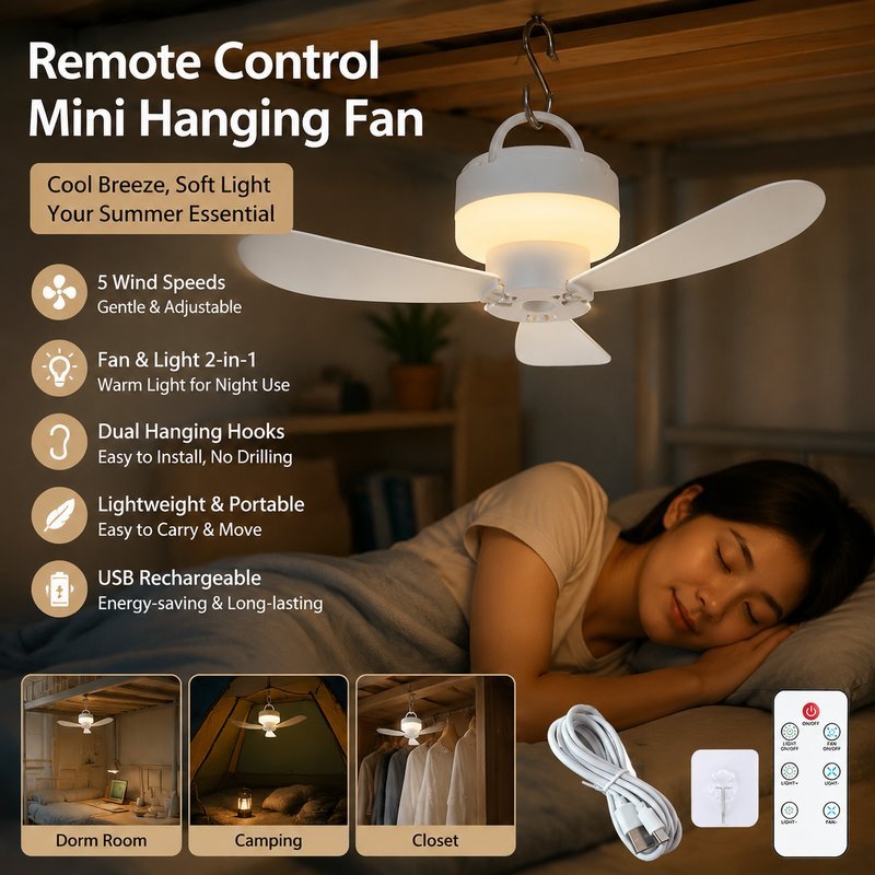 พัดลมแขวนรีโมท พัดลมเพดานมินิ ปรับแรงลม 5 ระดับ มอเตอร์เสียงเบา พร้อมไฟ LED สีอุ่นและตะขอแขวน สำหรับห้องพัก