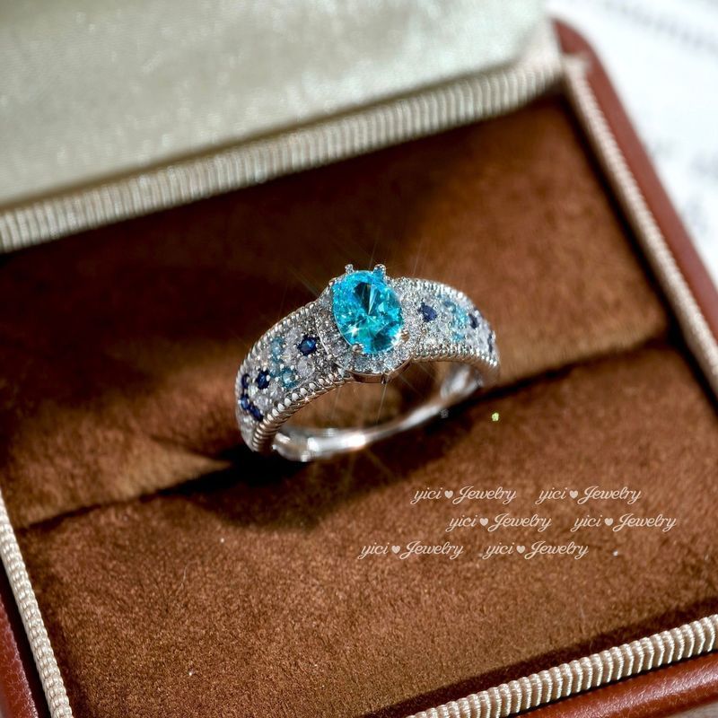 {Ice Blue Star Dream} Ice Flower Cut Sea Blue Zirconium Open Ring The Artistic Concept of Starry Sky