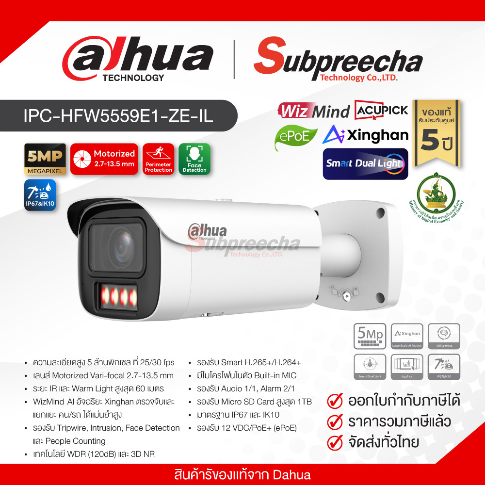 IPC-HFW5559E1-ZE-IL / Dahua กล้องวงจรปิด 5MP (Lens2.7-13.5mm) (ePoE) Smart Dual Light WizMind ( ICT 