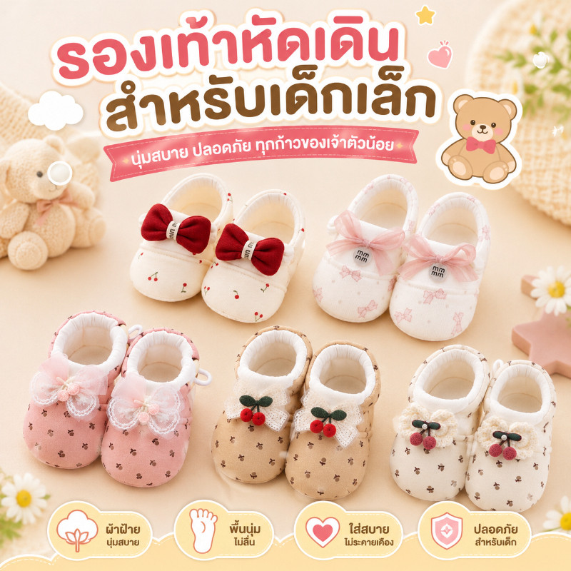 รองเท้าเด็กอ่อน ผู้หญิง โบว์น่ารัก ผ้าฝ้ายนุ่ม ระบายอากาศ พื้นกันลื่น เบา ใส่สบาย 0 13 เดือน