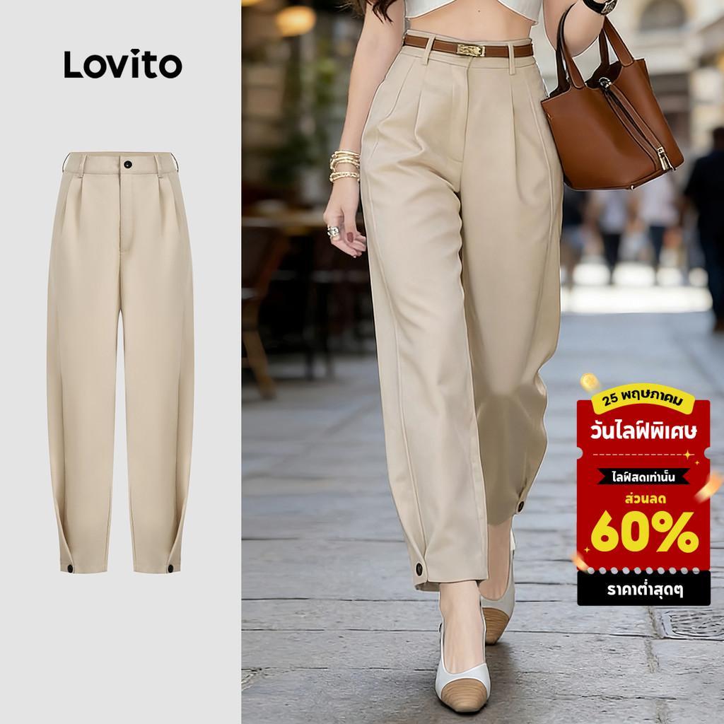 (New Arrival) Lovito กางเกงลําลองผู้หญิง กระดุม ปุ่มฤดูใบไม้ผลิ/ฤดูร้อน กางเกงสีกากี เกาหลี อินเทรนด์ L195AD156