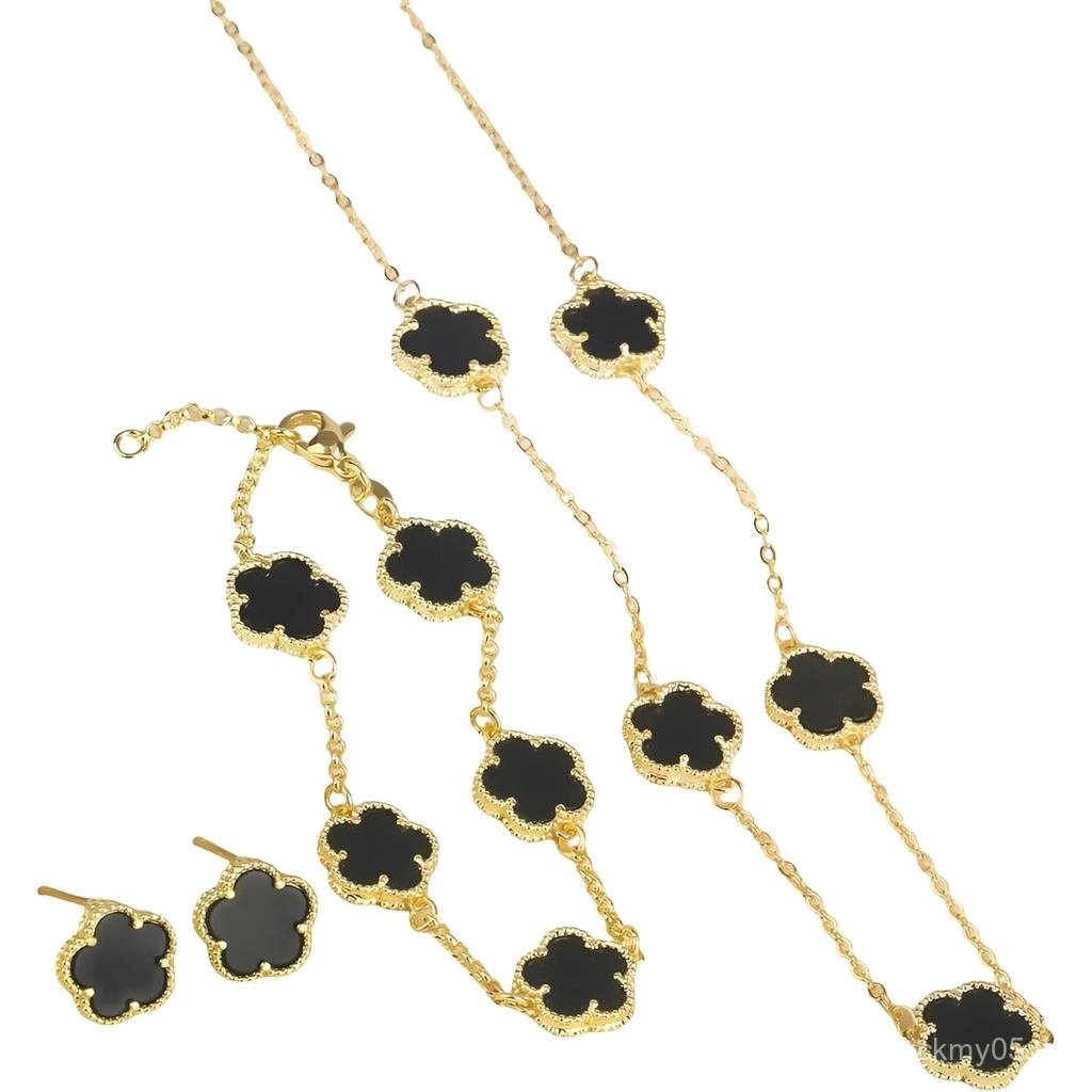 14K Gold-Filled Clover คอผู้หญิง-คลาสสิกห้าใบชุดสร้อยข้อมือสร้อยคอต่างหูชุดเครื่องประดับ, Five Leaf 