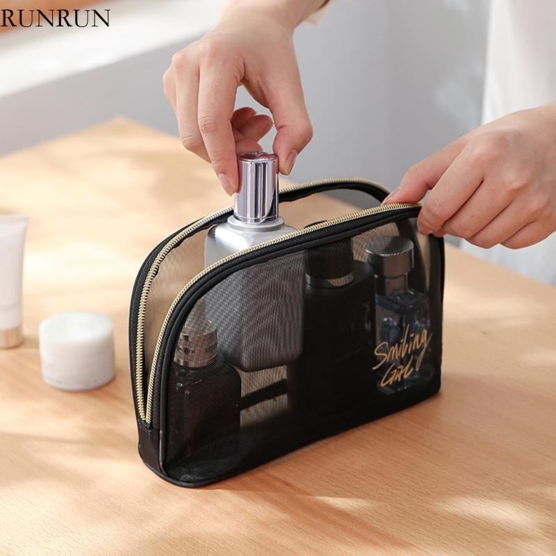 RUN Clear Mesh Travel Cosmetic Organizer Bag ความจุขนาดใหญ่กันน้ําแบบพกพาแต่งหน้ากระเป๋าสําหรับ Trip