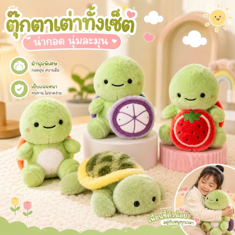 ตุ๊กตาเต่านุ่มนิ่ม ตุ๊กตาสัตว์ขนปุย สีเขียว เปลือกผลไม้ ของขวัญวันเกิด ตกแต่งโต๊ะ กอดนอน
