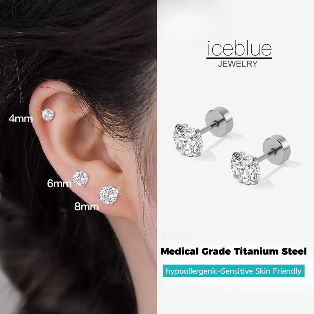 iceblue-Medical Grade 316 สแตนเลสZirconสตั๊ดต่างหูHypoallergenicสกรูเกลียวกลับAnti-Fadeสวมใส่สําหรับSleeping & Shower E187