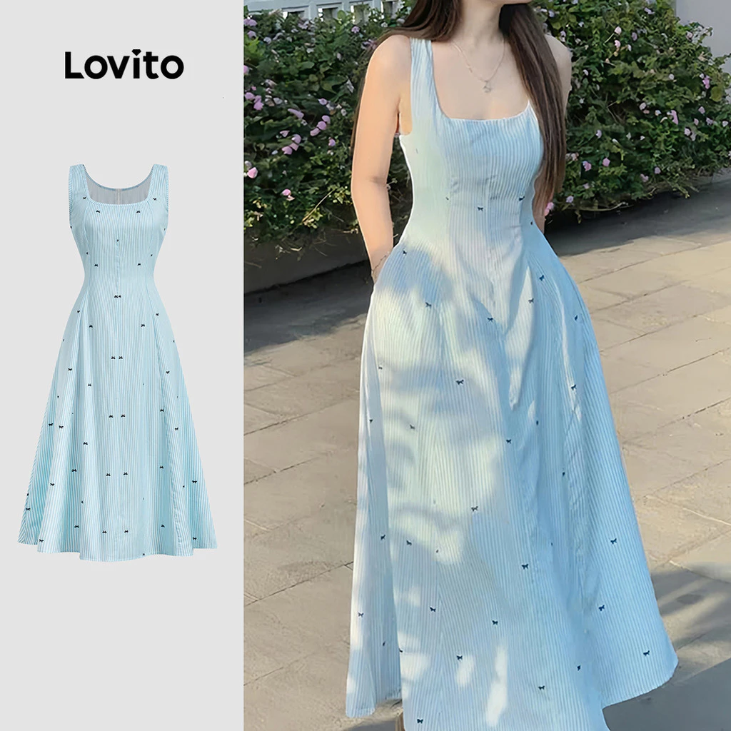 Lovito สง่างาม เดรสสำหรับฤดูใบไม้ผลิ/ฤดูร้อน สีฟ้าเนื้อผ้าโปร่งเล็กน้อย สำหรับผู้หญิง เดรสเที่ยวเขา L178ED455