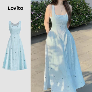 Lovito สง่างาม เดรสสำหรับฤดูใบไม้ผลิ/ฤดูร้อน สีฟ้าเนื้อผ้าโปร่งเล็กน้อย สำหรับผู้หญิง เดรสเที่ยวเขา L178ED455