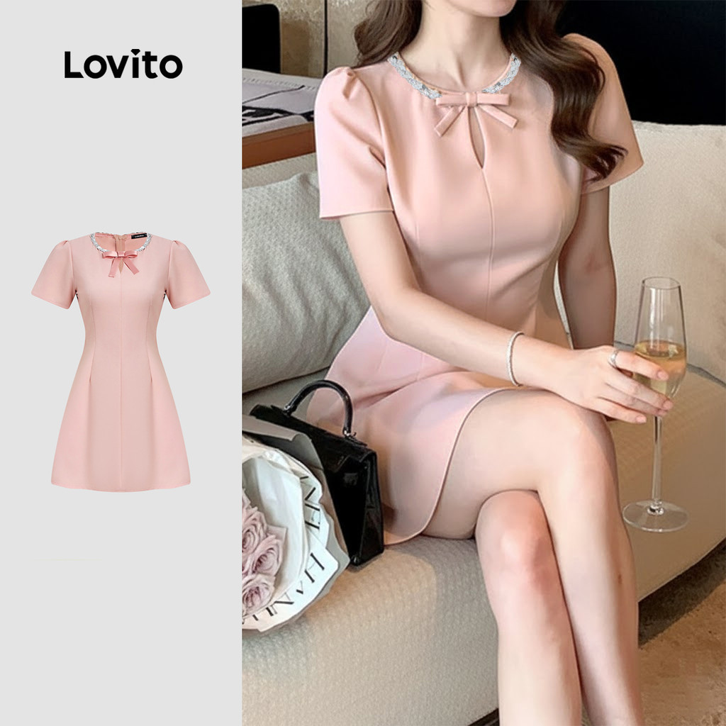 Lovito สง่างาม เดรสสีชมพูประดับเลื่อม โบว์ ดีไซน์คลาสสิก เหมาะกับการใส่ไปทำงาน เหมาะสำหรับฤดูใบไม้ผลิ/ฤดูร้อน สำหรับผู้หญิง L171ED155
