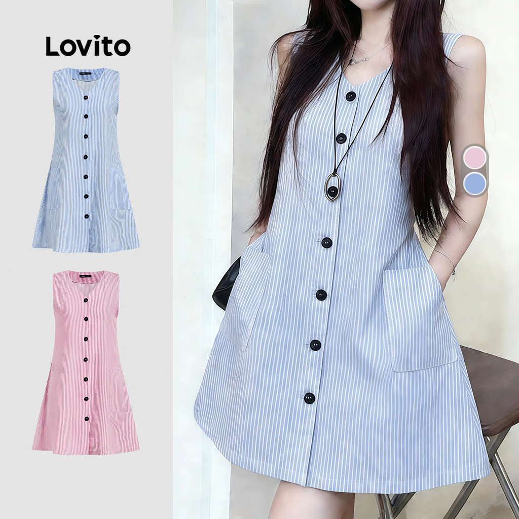 Lovito แคชชวล เดรสผู้หญิงสีฟ้าอ่อน แต่งกระดุมด้านหน้า สไตล์ มีลายเส้น ใส่สบาย เหมาะสําหรับฤดูใบไม้ผลิและฤดูร้อน L178ED1484