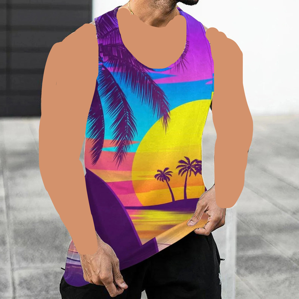 3D ผู้ชาย O เสื้อกล้ามคอ Palm Tree ฮาวายพิมพ์ชุดแขนกุดสําหรับวันหยุดชายหาด Gym การฝึกอบรมทุกวัน Casu