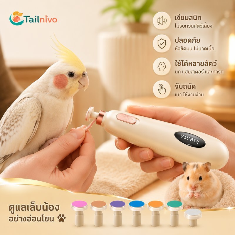สัตว์เลี้ยงไฟฟ้าเล็บเครื่องบด ที่กันจอน 7 หัวแบตเตอรี่ขับเคลื่อนเสียงต่ําปลอดภัยกรูมมิ่งนกแก้ว