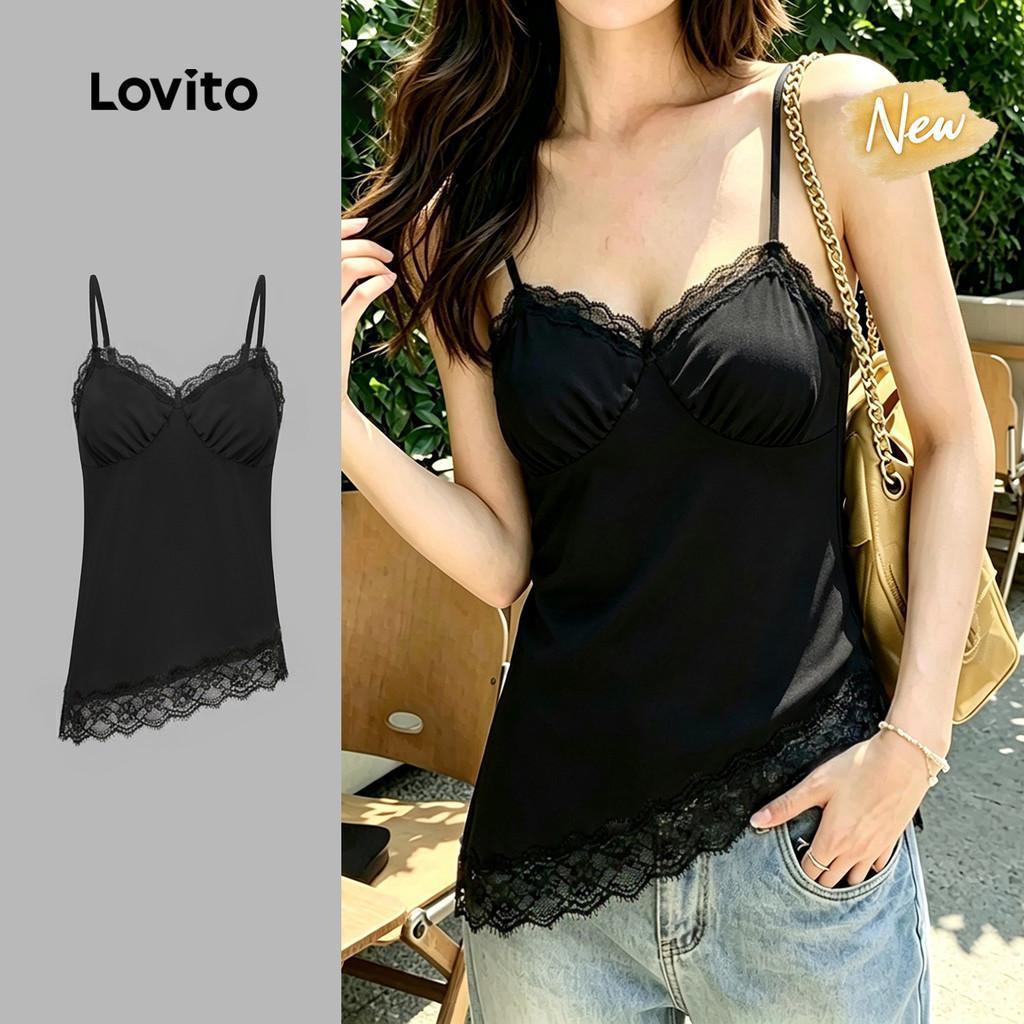 (New Arrival) Lovito เสื้อเบลาส์ลําลองผ้าลูกไม้สําหรับฤดูใบไม้ผลิ/ฤดูร้อน สีดําสําหรับผู้หญิง เกาหลี อินเทรนด์ LK7AD038